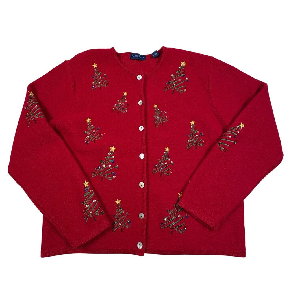 Vintage Karen Scott 100% Wool Christmas Tree Cardigan Sweater Women's L Red